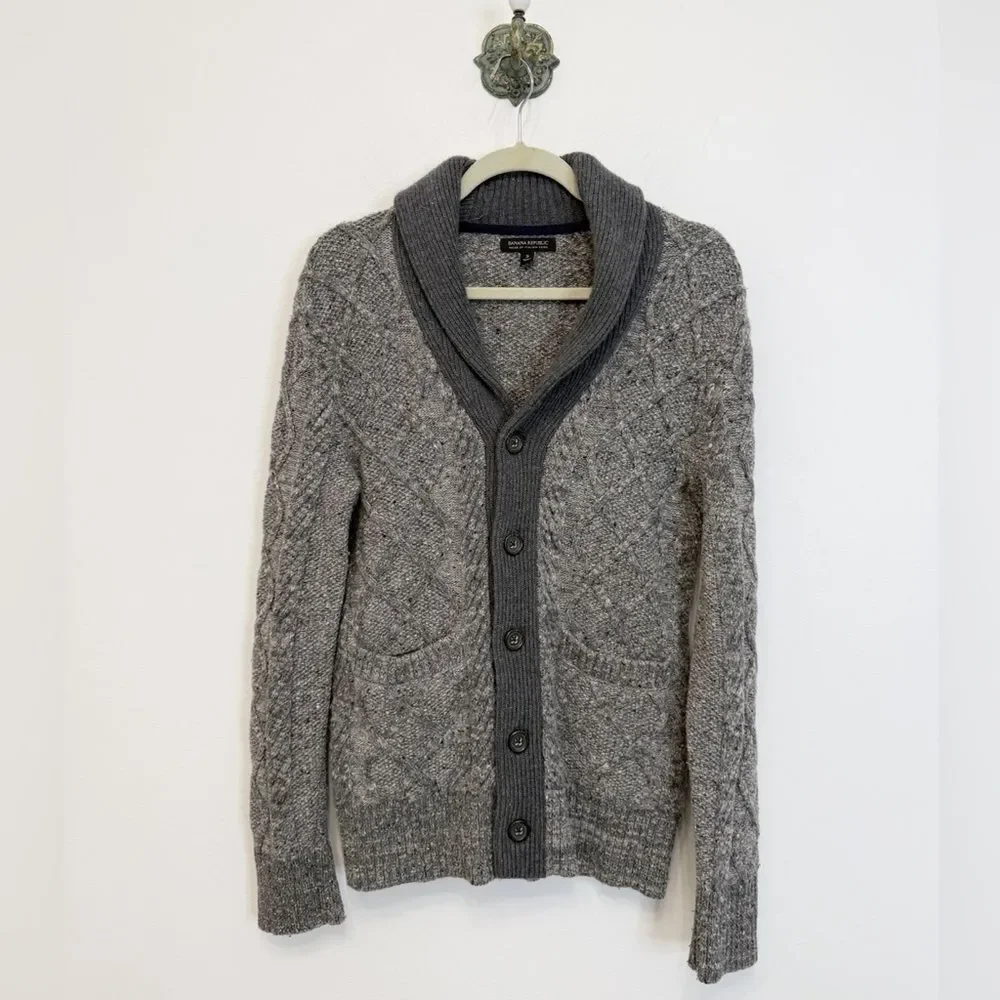 Banana Republic Gray Marled Chunky Cable Knit Cardigan Sweater Men's Small